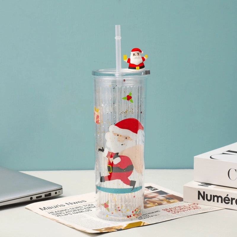 Christmas Cute Christmas Tree Santa Claus Elk Plastic Tumbler Water Bottle 1 Piece|Kitchen & Dining Accessories