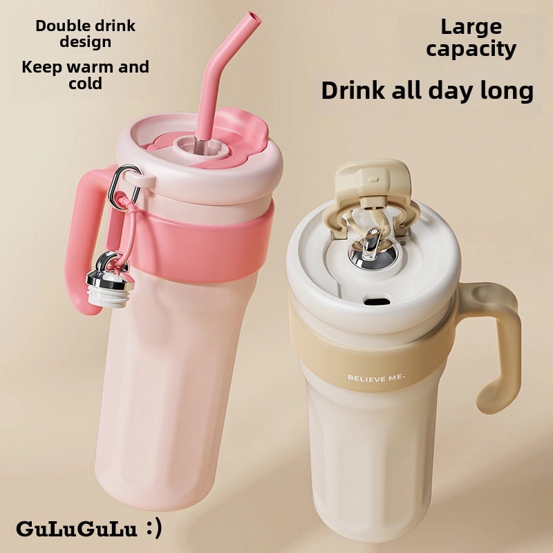 Trendy Large 1250ml Vacuum Straw Bottle for Women | Fashionable Stainless Steel Cold Drink Container | Drinkware