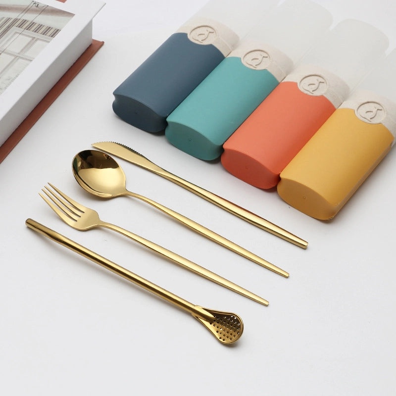 Retro Style Color Block Stainless Steel Fruit Spoon Knife Fork Set|Kitchen & Dining Cutlery Sets