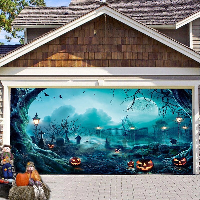Halloween Pumpkin Hanging Banner Cloth Horror Garage Door Tapestry Decoration|Home Decor