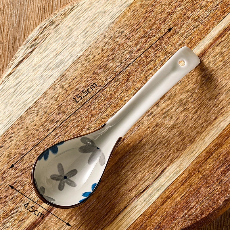 Unisex Ceramic Soup Spoon Kitchen Dining Utensil Blue White Cartoon Pattern