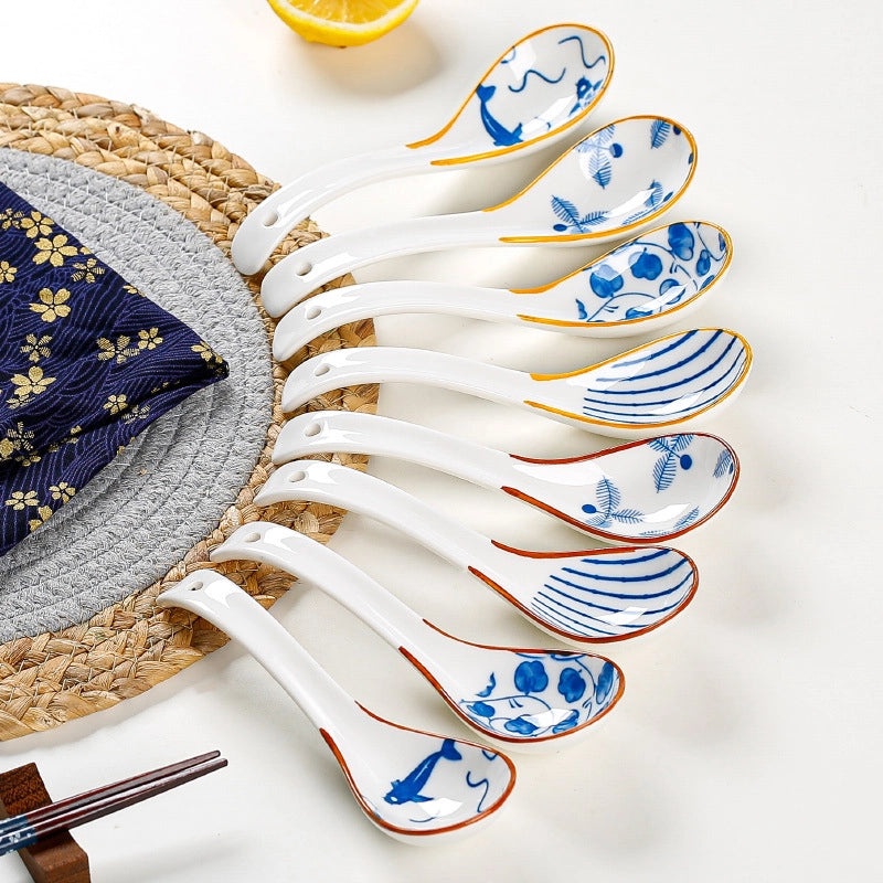 Japanese Style Blue and White Ceramic Soup Spoon Thickened Curved Handle Anti-scalding Small Spoon|Kitchen & Dining