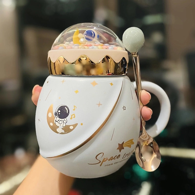 2-Piece Astronaut Space Ceramic Mug Set with Lid and Spoon | Gifts for Couples and Space Lovers | Drinkware Gifts