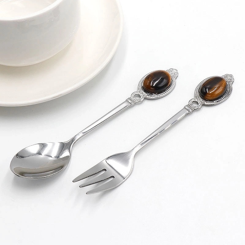 Vintage Solid Color Stainless Steel Spoon with Natural Stone Handle | Kitchen Utensils & Cutlery