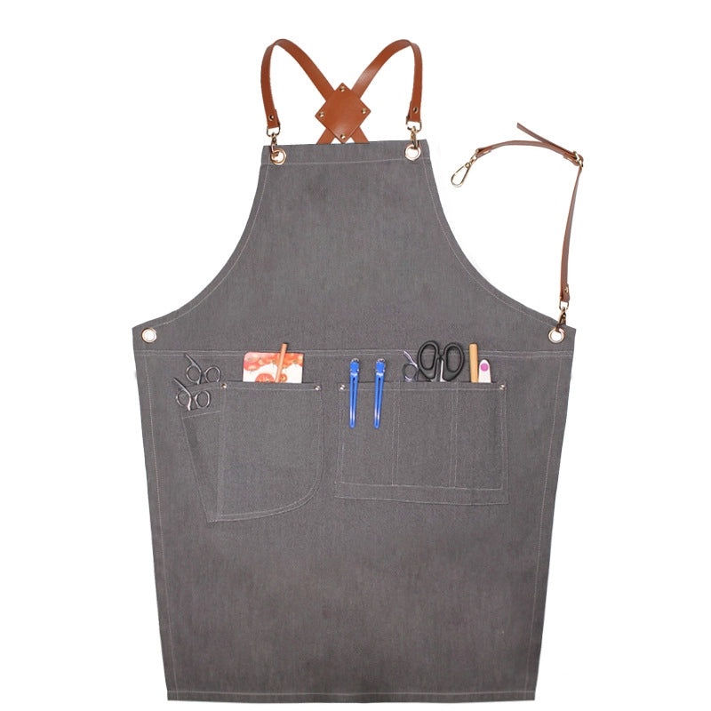 Denim Suspender Apron for Barista, Hair Stylist, Restaurant Staff, Floral Design, Unisex, Korean Style Workwear|Aprons & Workwear