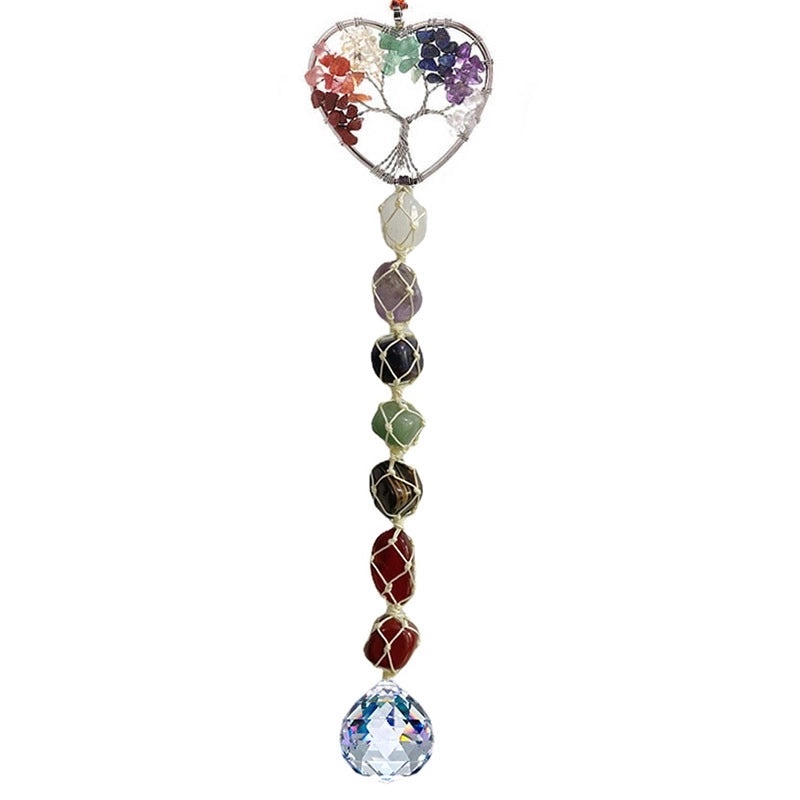 Natural Stone Lucky Tree Car Pendant Crystal Wind Chime Handmade Colorful Gravel Woven Hanging Decor|Car Accessories
