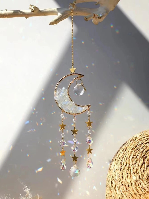 Elegant Amethyst Crystal Moon Pendant Wind Chime Decorative Water Droplets | Home Decor Accessories