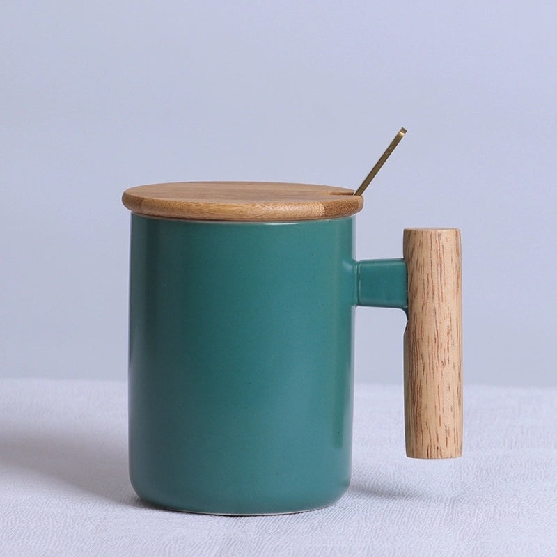 Matte Ceramic Mug with Solid Color and Wooden Handle | Home & Kitchen Drinkware