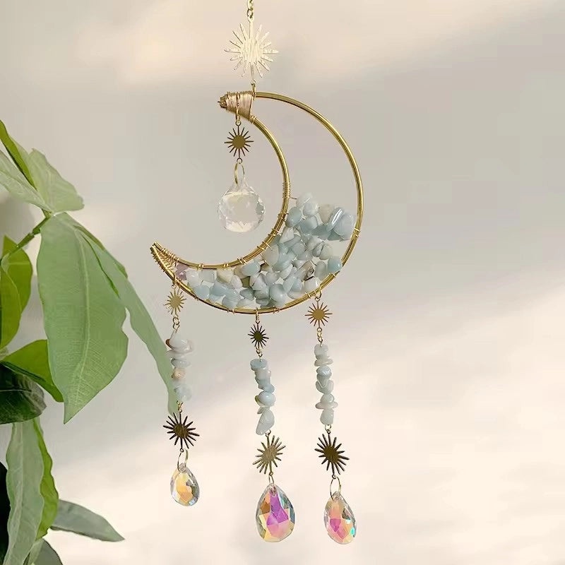 Geometric Moon Crystal Suncatcher with Water Droplets Minimalist Wind Chime Wall Hanging|Home Decor & Wind Chimes