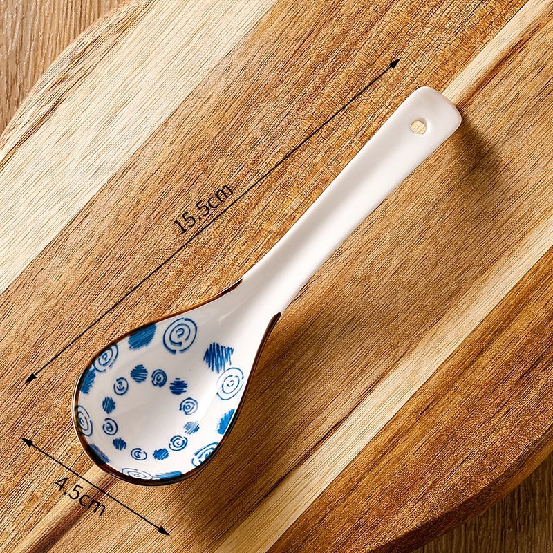 Unisex Ceramic Soup Spoon Kitchen Dining Utensil Blue White Cartoon Pattern