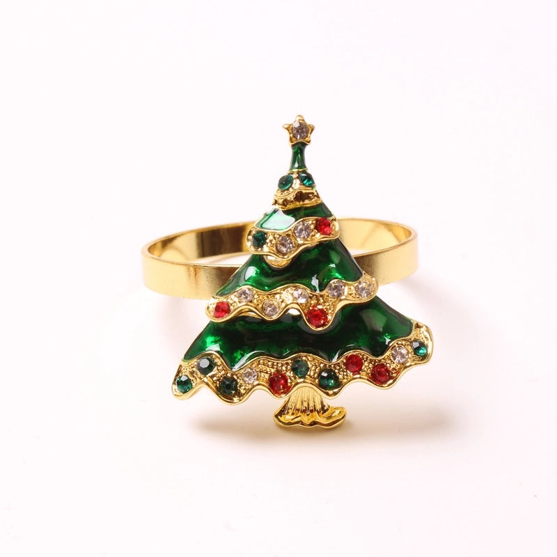 Festive Christmas Tree and Santa Claus Alloy Napkin Rings Set of 6 | Holiday Table Decor