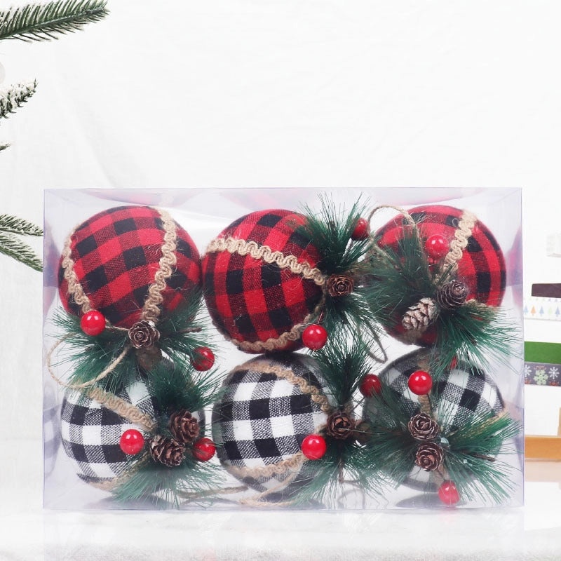 Christmas Plaid Cloth Balls 6cm & 8cm Black White Red Tree Hanging Decorative Ornaments|Christmas Decorations