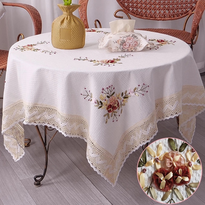 Cotton Linen Rectangular Dining Tablecloth with Ribbon Embroidery Simple Pastoral Style for Household Coffee Table|Home & Living > Kitchen & Dini