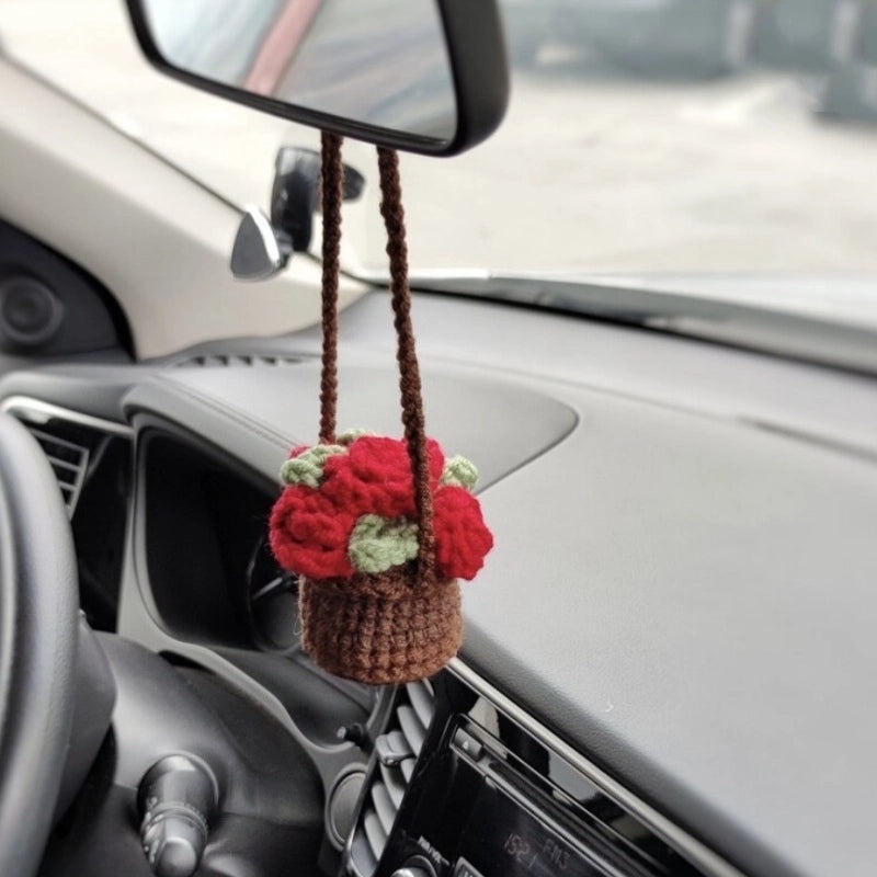 3 Pieces Hand-Crocheted Chlorophytum Yarn Potted Ornaments for Car Rearview Mirror | Car Accessories