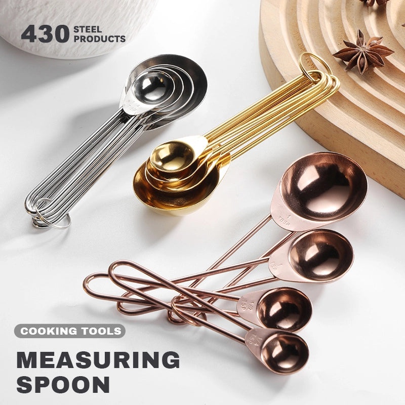 8-Piece Rose Gold Stainless Steel Measuring Cups and Spoons Set with Wire Handles and Scale | Kitchen Measuring Tools