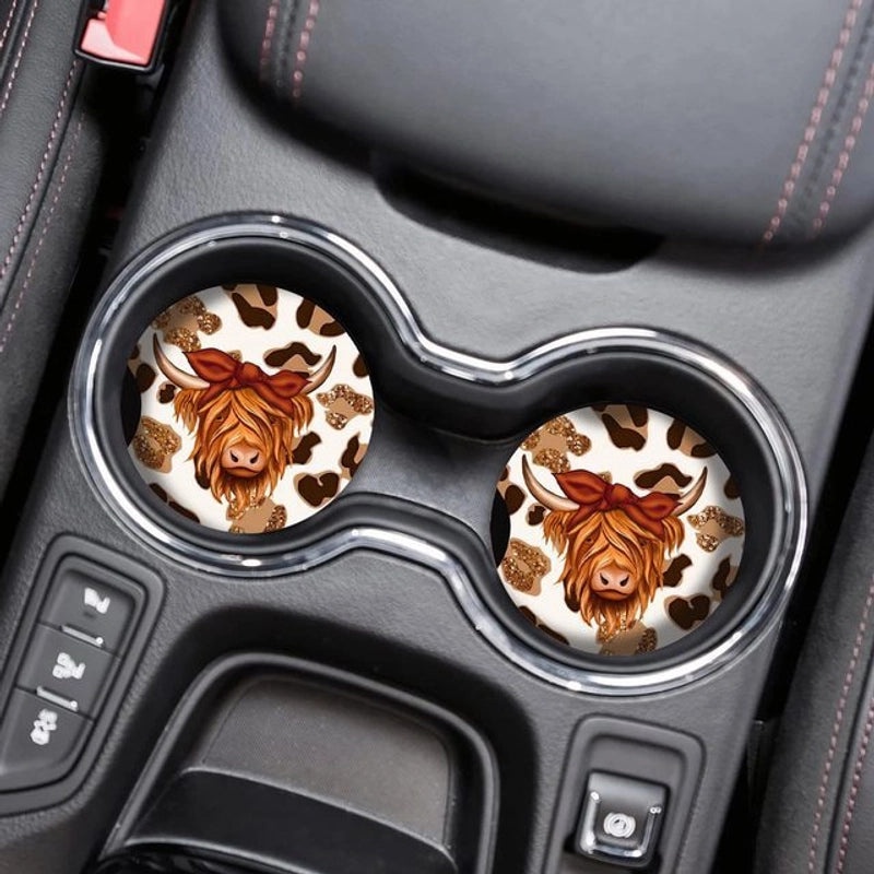 Farm Style Wooden Car Coaster with Highland Animal Design Anti-slip | Home Decor Coasters