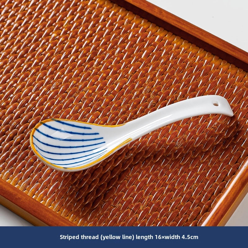 Japanese Style Blue and White Ceramic Soup Spoon Thickened Curved Handle Anti-scalding Small Spoon|Kitchen & Dining