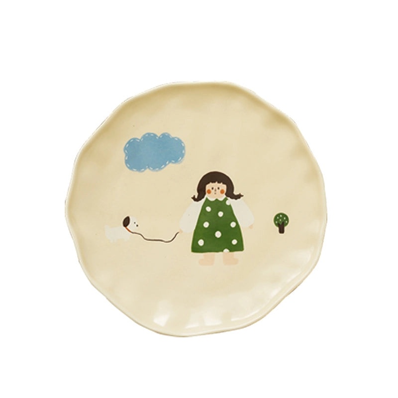 Vintage Ceramic Cartoon Dinner Plate Cute Girls Small Rice Bowl and Mug with Lid|Kitchen & Dining