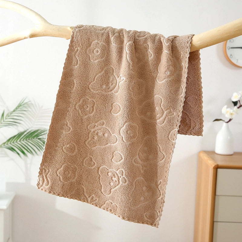 Soft Coral Fleece Embossed Bear Face Towel Quick-Dry Absorbent Cartoon Design|Home & Living Towels