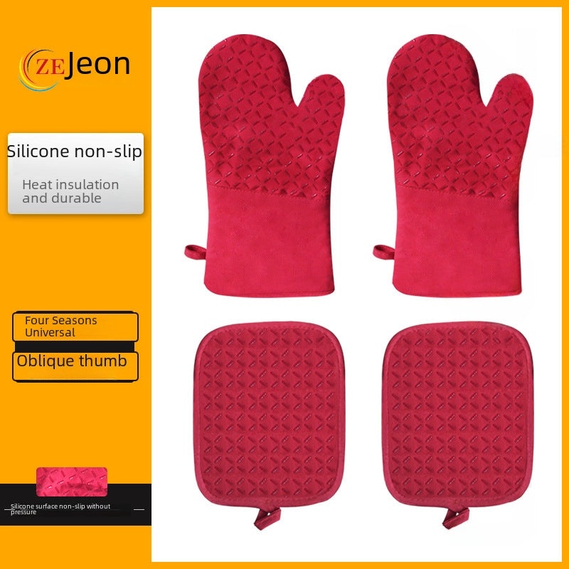 Unisex Non-slip Silicone Cotton Baking Oven Gloves Heat Resistant Check
