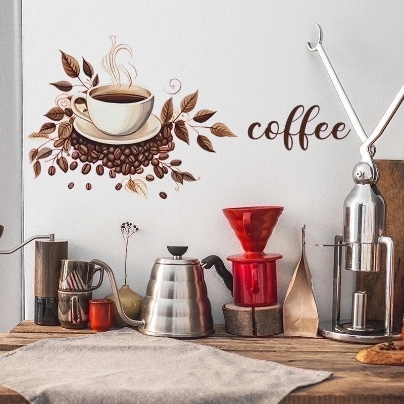 Vintage Coffee Cup Letter Leaves PVC Wall Decal | Home Decor Wall Art