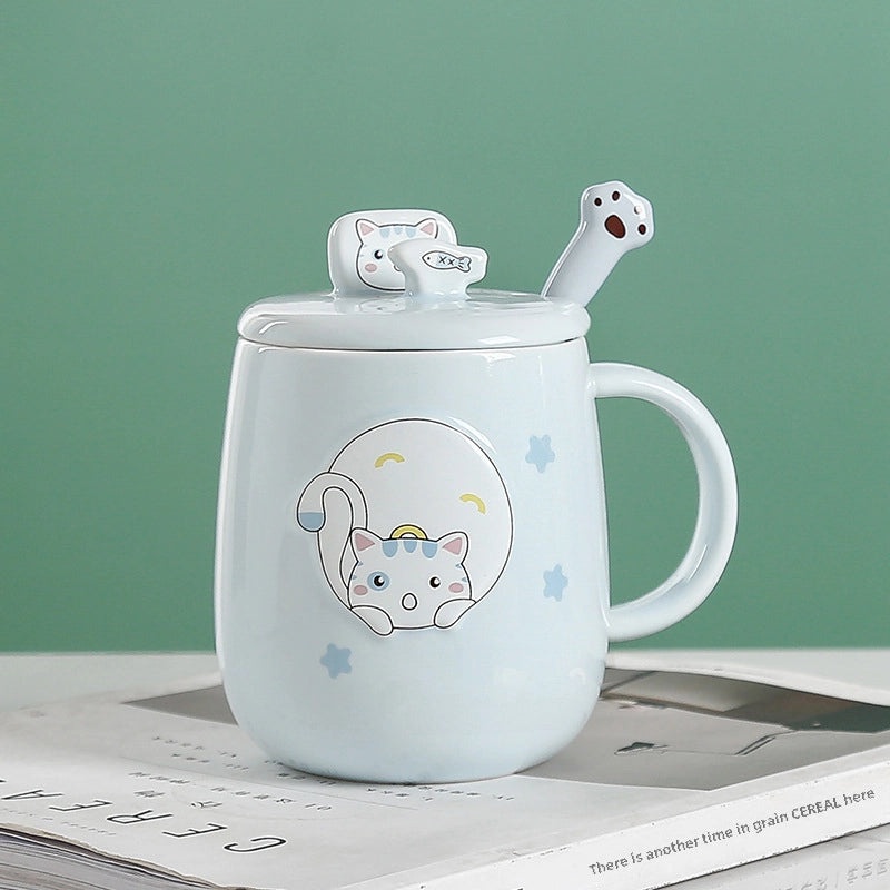 Creative Cat Mug with Lid and Spoon | Trendy Ceramic Coffee Cup for Office and Home | Cartoon Style Insulated Drinkware | Home & Kitchen