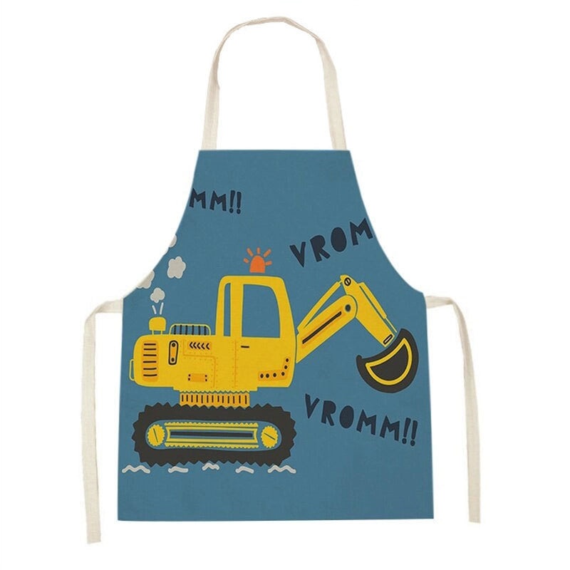 Cartoon Excavator Print Linen Sleeveless Parent-Child Apron Oil-Resistant Home Cooking Protective Wear|Kitchenware & Aprons