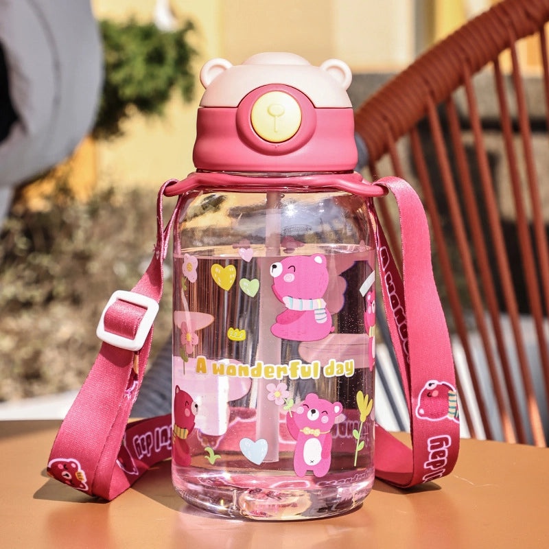Cartoon Bear Kids Water Bottle with Straw Suction Nozzle Plastic Cup for Primary Students|Kids Drinkware