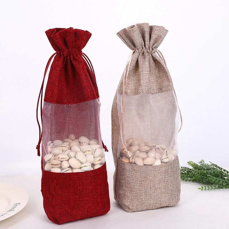 Jute Wine Gift Bag with Window, Double Drawstring, Elegant Party & Banquet Packaging|Gift Bags & Packaging