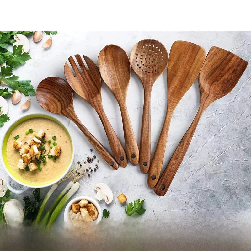 7-piece Teak Wood Kitchen Utensil Set Including Spatula, Soup Spoon & Colander | Kitchenware & Cooking Tools