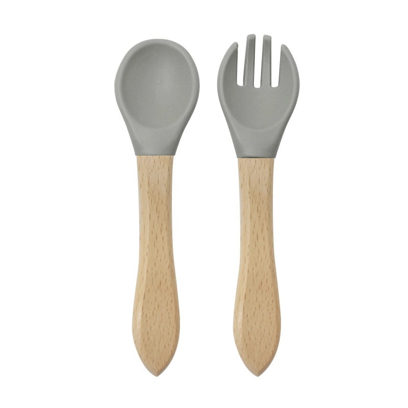 Wood and Silicone Spoon Fork Set, 2 Pieces Casual Solid Color | Kitchen Utensils & Cutlery