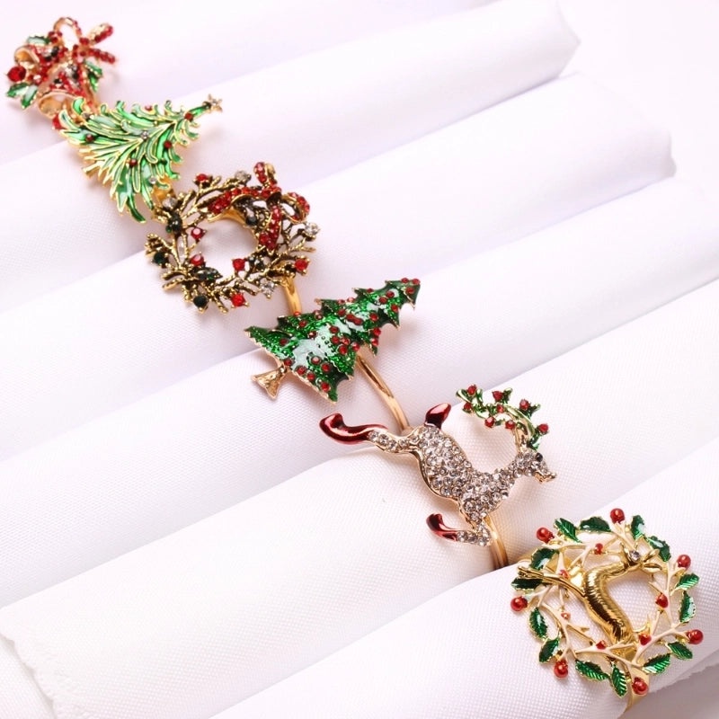 Festive Christmas Tree and Santa Claus Alloy Napkin Rings Set of 6 | Holiday Table Decor