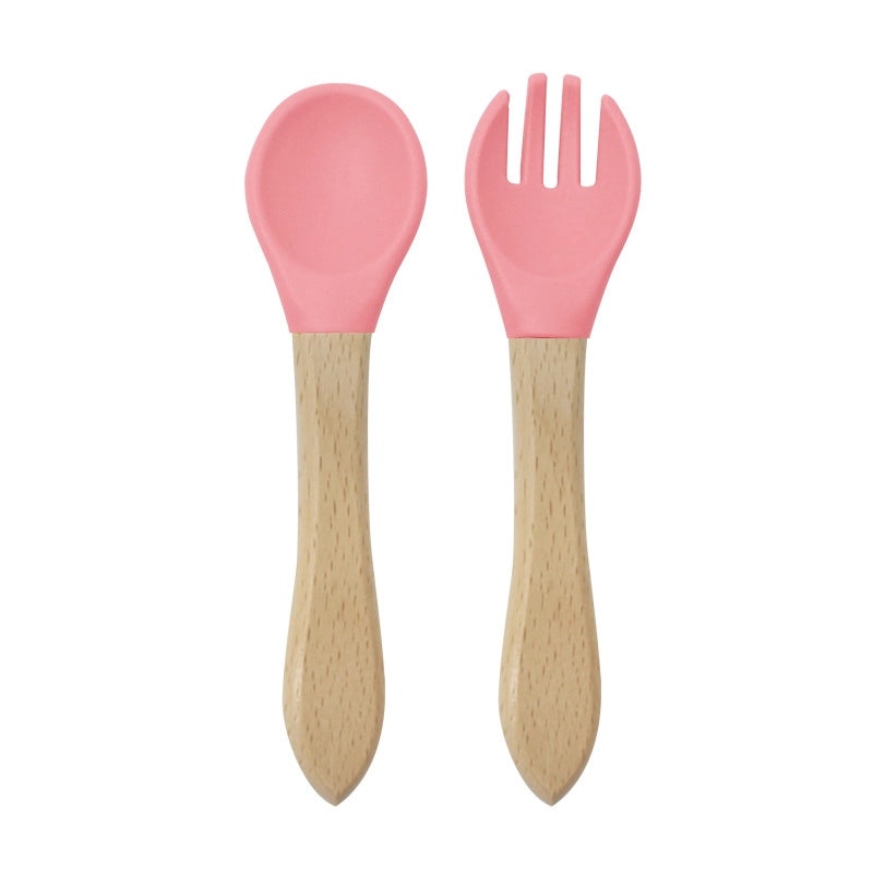 Wood and Silicone Spoon Fork Set, 2 Pieces Casual Solid Color | Kitchen Utensils & Cutlery