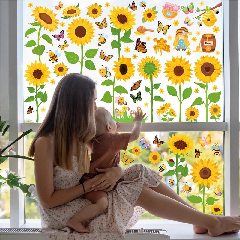 Adorable Sunflower and Bee PVC Window Decals | Home Decor & Window Accessories