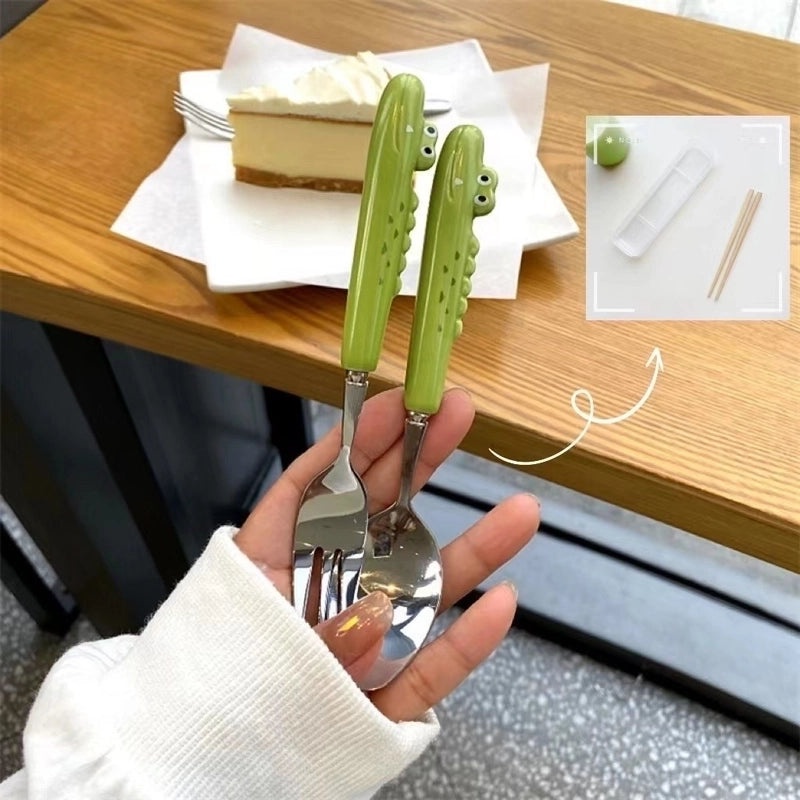 Adorable Cartoon Frog and Crocodile 430 Stainless Steel Ceramic Tableware Set | Kitchen & Dining