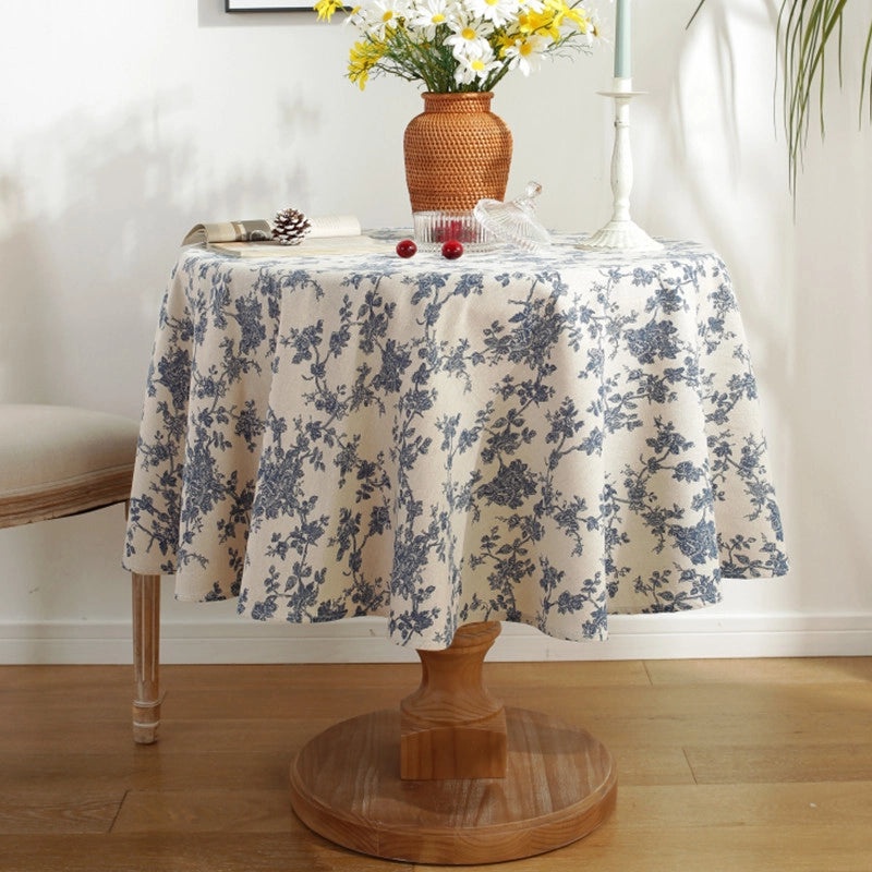 Vintage Blue Floral Small Round Tablecloth Cotton Linen Tea Table Cover|Home Decor Table Linens