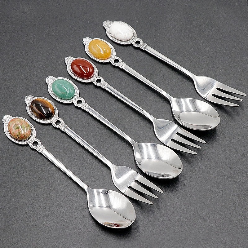 Vintage Solid Color Stainless Steel Spoon with Natural Stone Handle | Kitchen Utensils & Cutlery