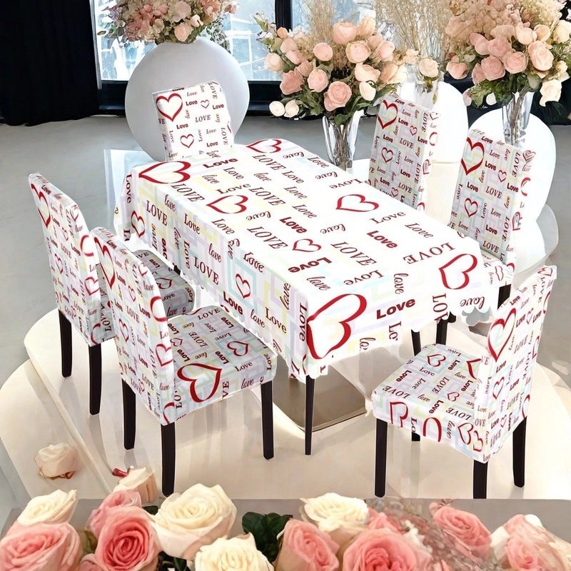 Romantic Polyester Chair Cover Pink Heart Pattern Valentine's Day Decor