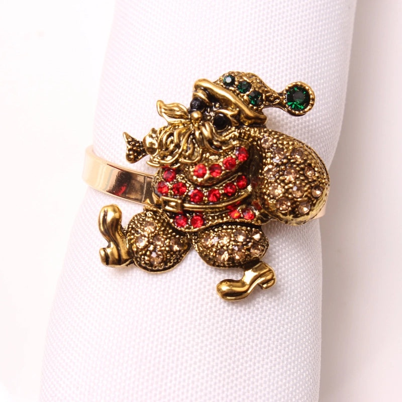 Festive Christmas Tree and Santa Claus Alloy Napkin Rings Set of 6 | Holiday Table Decor