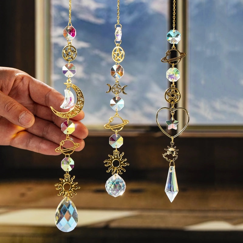 Minimalist Star and Moon Crystal Metal Suncatcher Wind Chime for Home Décor | Home Decor & Accessories