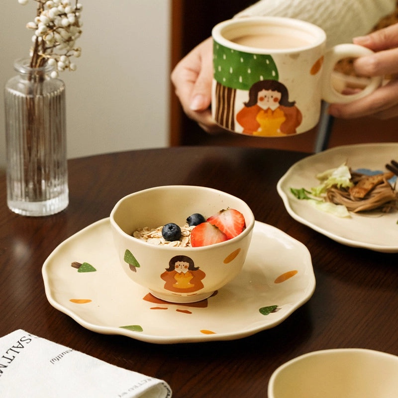 Vintage Ceramic Cartoon Dinner Plate Cute Girls Small Rice Bowl and Mug with Lid|Kitchen & Dining