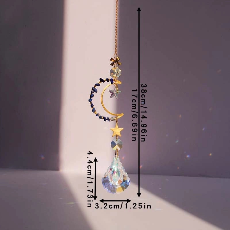 Minimalist Star and Moon Crystal Suncatcher Wind Chime with Natural Gravel Water Droplets | Home Decor