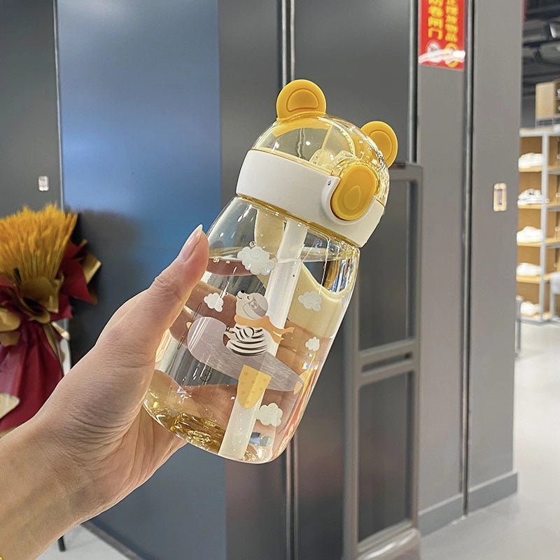 Cartoon Bunny Straw Cup with Rope for Kids Toddlers Students Drop-resistant Plastic Drinking Bottle|Kids Drinkware