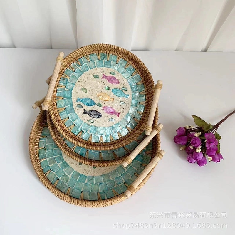 Handwoven Floral Rattan Shell Storage Basket for Casual Home Décor|Home Storage & Organization