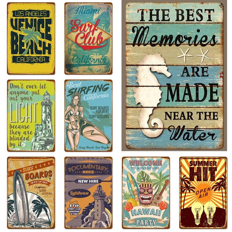 Beach Vintage Tin Sign Coffee Shop Wall Art Home Decor Frameless Hanging Painting|Home Decor