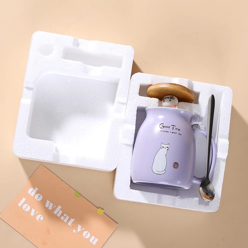 Cute Cartoon Couple Cat Ceramic Mug with Lid and Spoon | Drinkware & Mugs