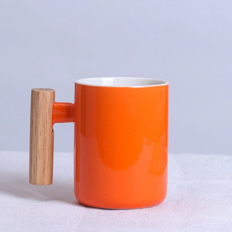 Matte Ceramic Mug with Solid Color and Wooden Handle | Home & Kitchen Drinkware