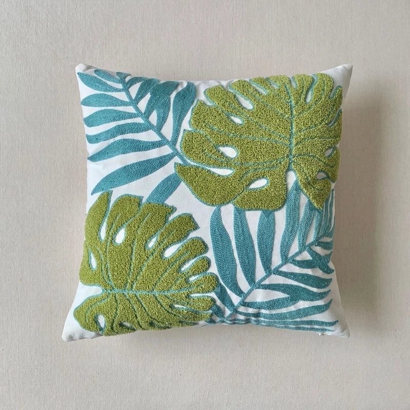 Green Botanical Tulip Embroidered Sofa Cushion Pillow for Living Room | Home Decor Cushions