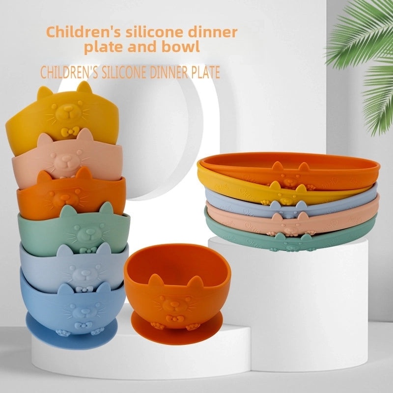Cartoon Cat Silicone Baby Plate with Suction Base for Kids Mealtime | Baby Tableware
