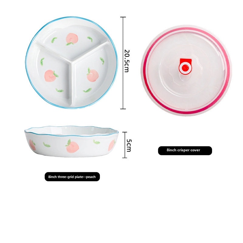Ceramic Three-Compartment Bowl with Lid Microwave Safe Heat-Resistant Lunch Box Snack Plate|Kitchen & Dining
